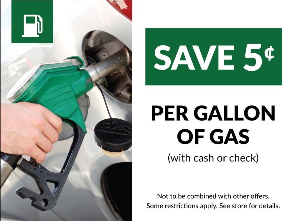 Coupon to save $0.05 per gallon of gas with cash or check